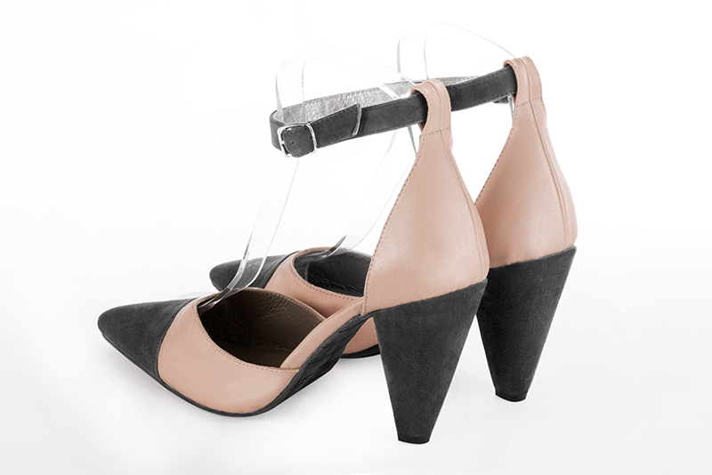 Dark grey and powder pink women's open side shoes, with a strap around the ankle. Tapered toe. Very high cone heels. Rear view - Florence KOOIJMAN
